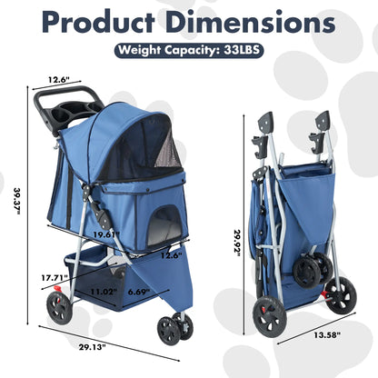 Sweetcrispy 3-Wheel Pet Stroller Dog and Cat Stroller Breathable Mesh Lightweight Travel Carrier Waterproof & Foldable Design Storage Basket Black for Daily Walks & Outdoor Use