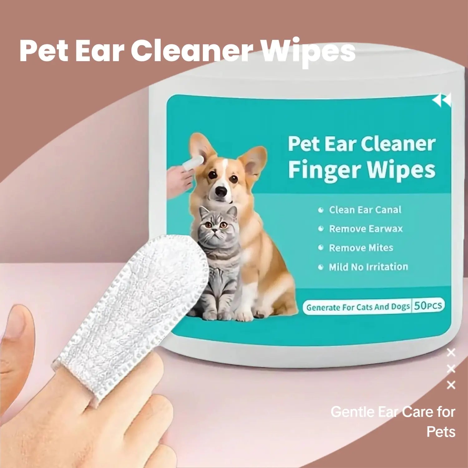Ear Cleaning Wipes for Dogs and Cats - Ergonomic Finger Design for Gentle Removal of Ear Wax, Debris, and Dirt | 50-Count Pack