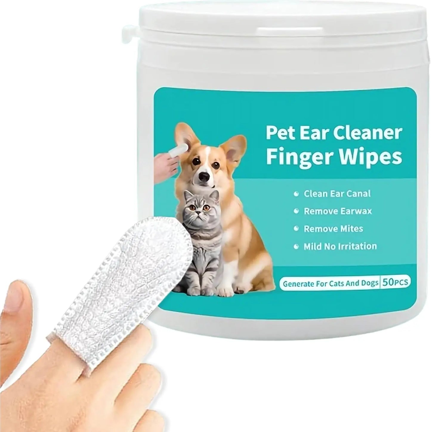 Ear Cleaning Wipes for Dogs and Cats - Ergonomic Finger Design for Gentle Removal of Ear Wax, Debris, and Dirt | 50-Count Pack