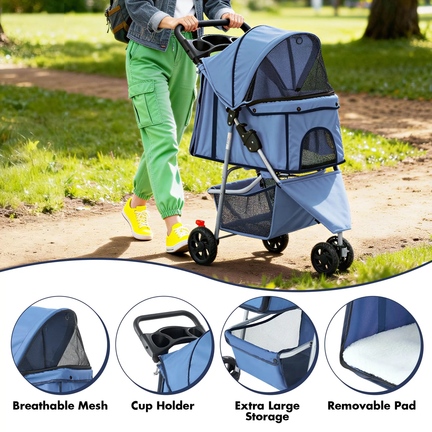 Sweetcrispy 3-Wheel Pet Stroller Dog and Cat Stroller Breathable Mesh Lightweight Travel Carrier Waterproof & Foldable Design Storage Basket Black for Daily Walks & Outdoor Use