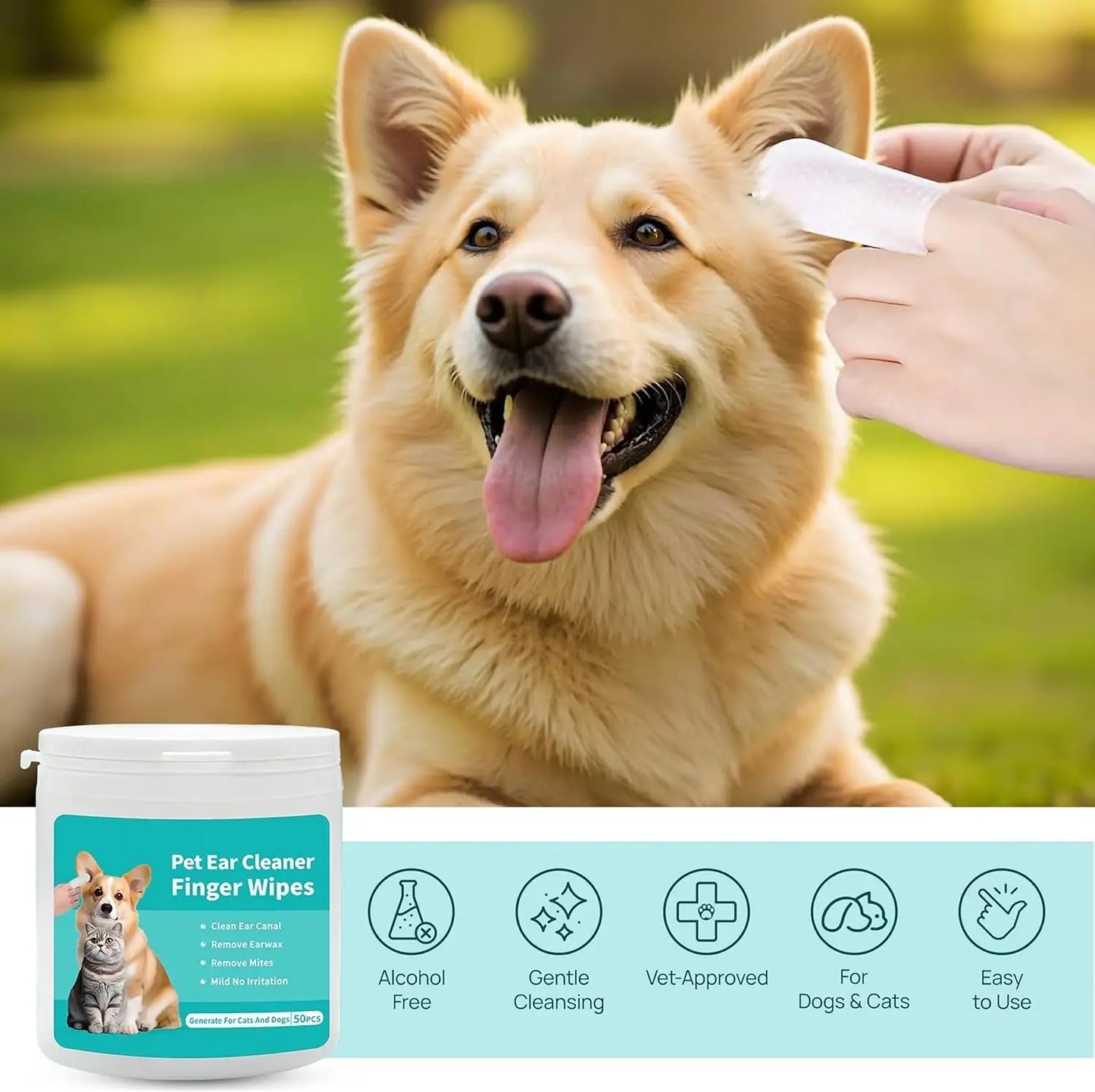 Ear Cleaning Wipes for Dogs and Cats - Ergonomic Finger Design for Gentle Removal of Ear Wax, Debris, and Dirt | 50-Count Pack