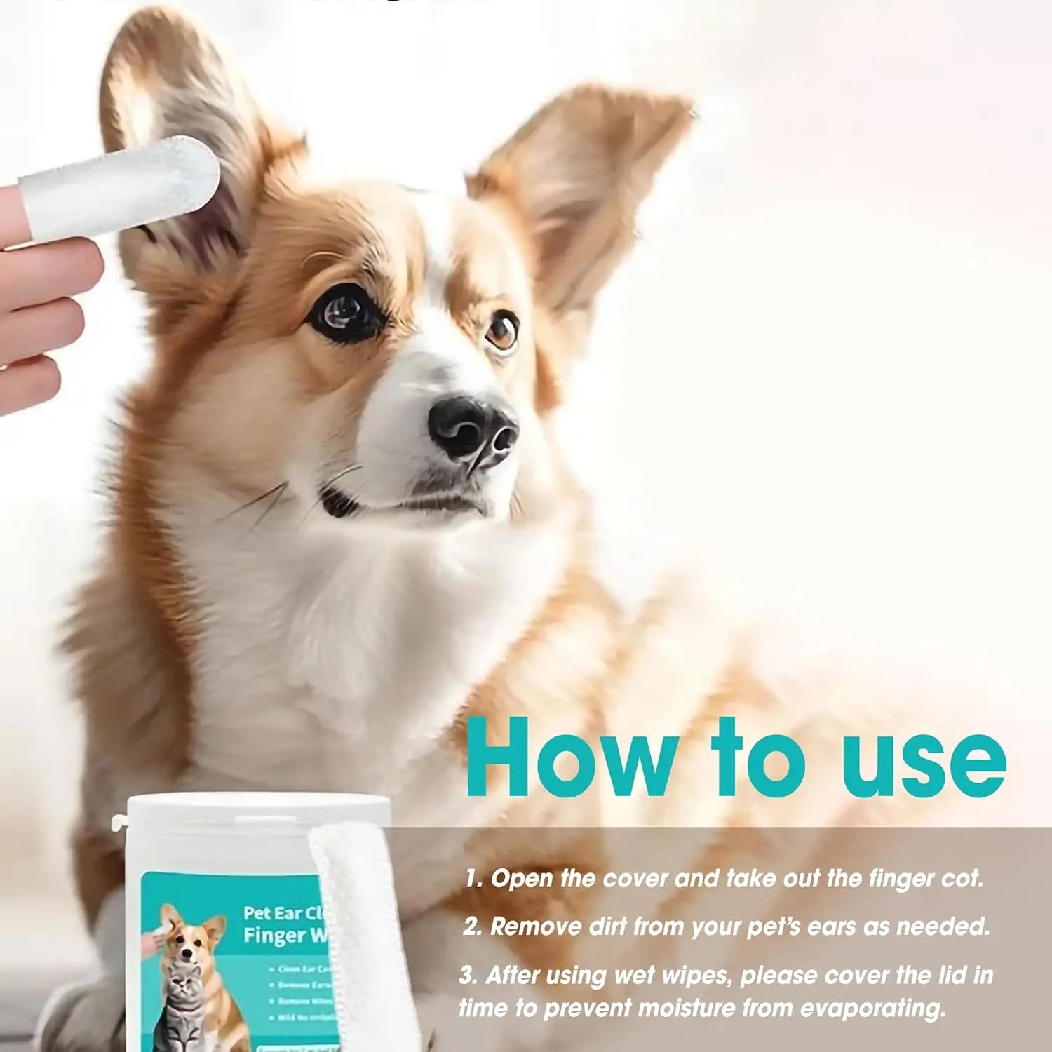 Ear Cleaning Wipes for Dogs and Cats - Ergonomic Finger Design for Gentle Removal of Ear Wax, Debris, and Dirt | 50-Count Pack